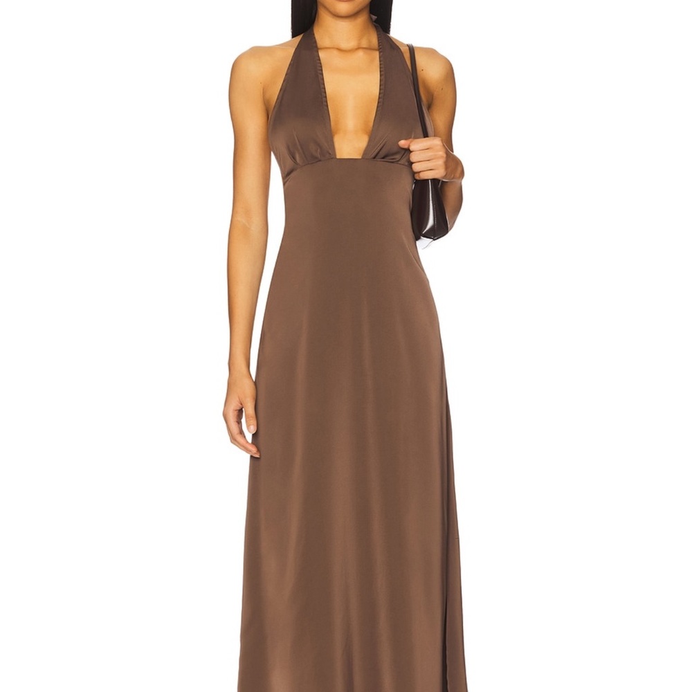 X Revolve WeWoreWhat Halter Deep Maxi Dress in Chestnut